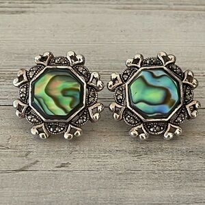 Sterling Silver Abalone Marcasite Heart Stud Earrings.